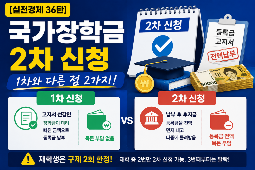 국가장학금 2차 신청과 1차 신청의 지급 방식 차이를 비교한 안내 카드